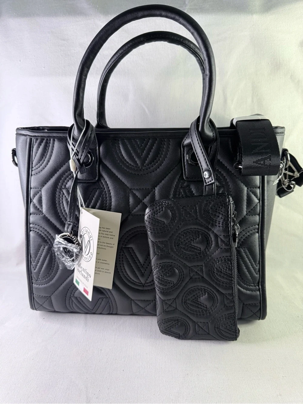 Black Quilted Tote Bag with Removable Pouch and Charm Valentino Orlandi